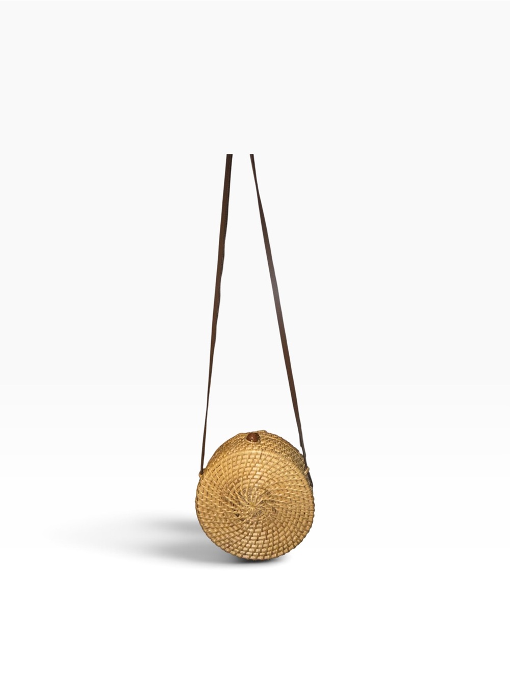 Zara Round Woven Crossbody Bag - Tan with Dark Brown Strap